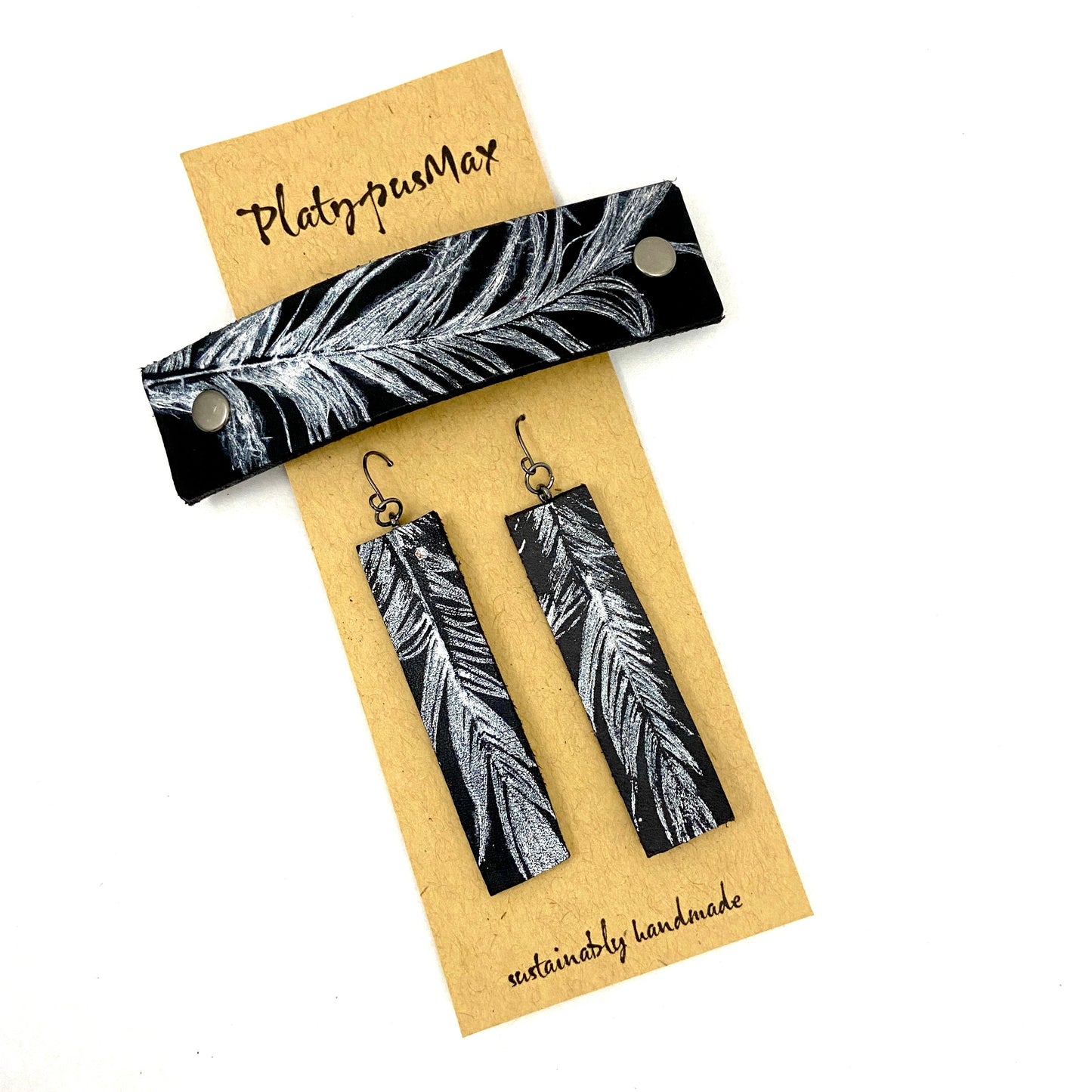 Silver Feather on Black Leather Barrette and Earring Gift Set