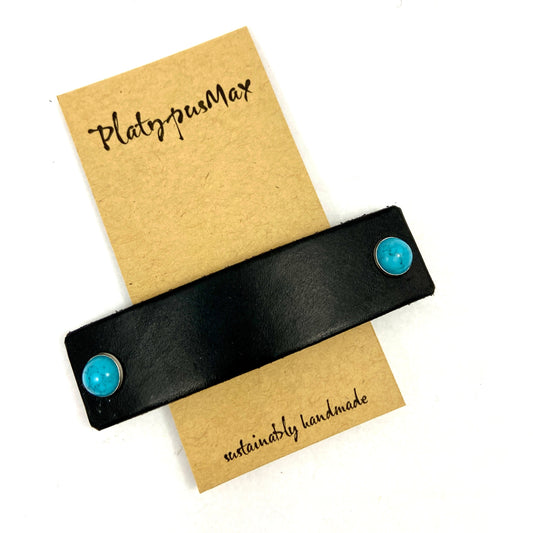 Black Leather Barrette with Turquoise Stone Studs-0