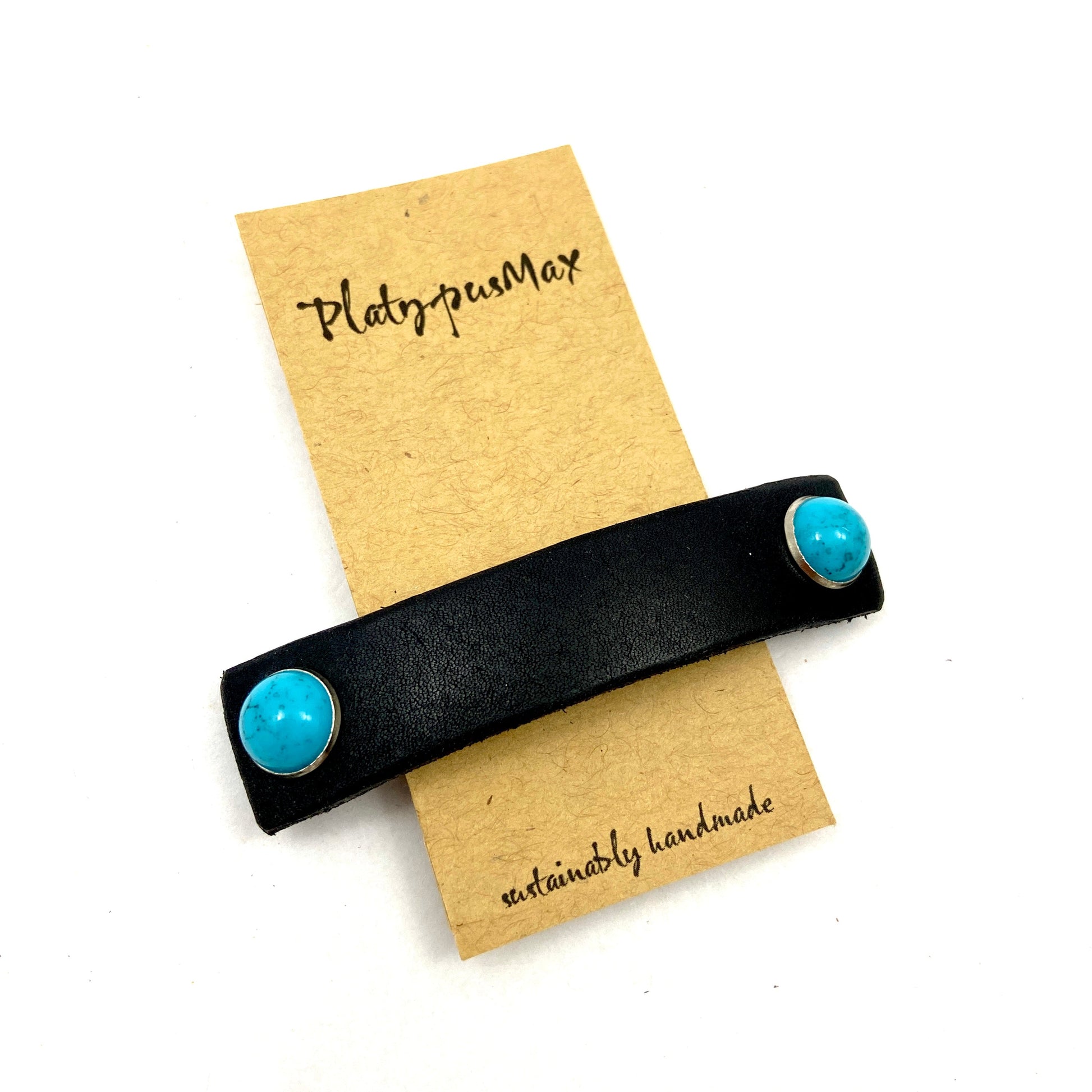 Black Leather Barrette with Turquoise Stone Studs-2