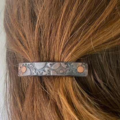 Copper & Silver Metallic Gears / Steampunk Stamped Leather Hair Barrette