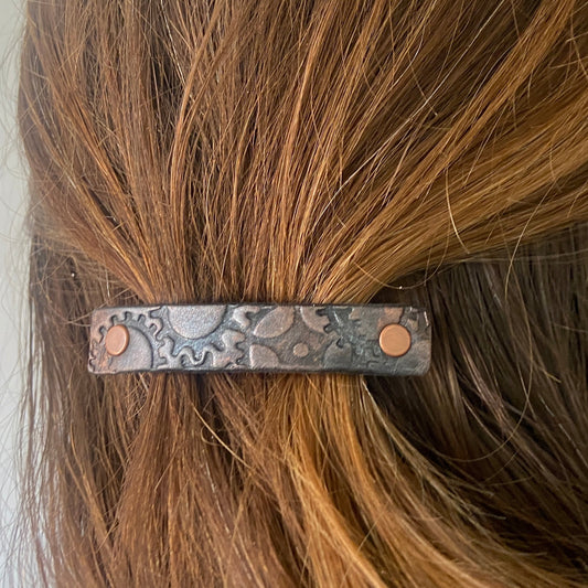 Copper & Silver Metallic Gears / Steampunk Stamped Leather Hair Barrette