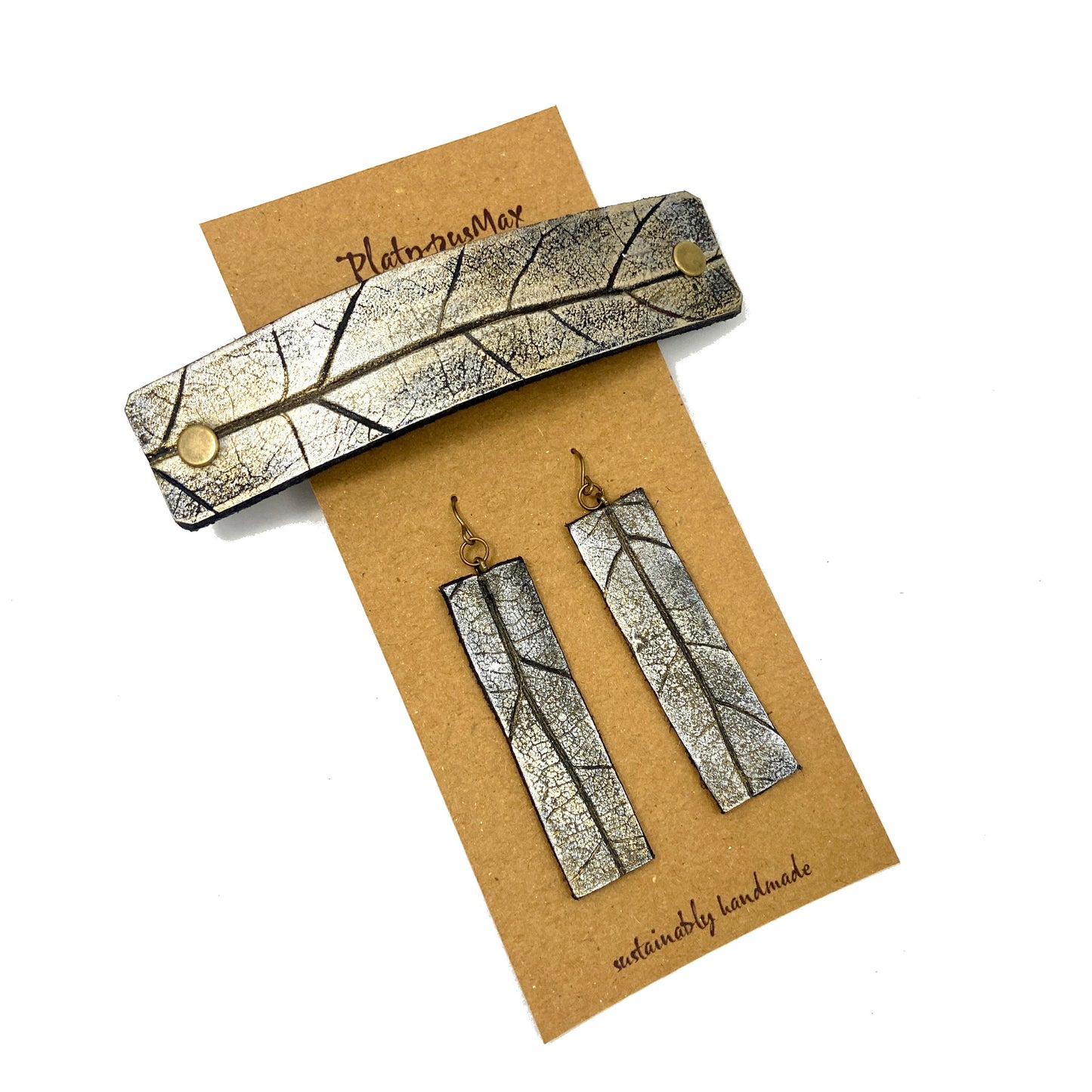 Silvery Gold Oak Leaf Imprint Barrette and Earring Gift Set