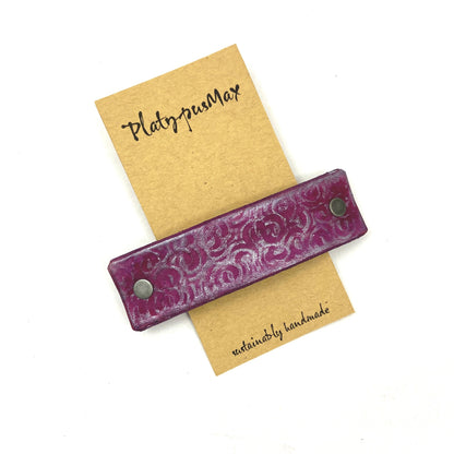 Purple and Silver Spirals Embossed Leather Hair Clip Barrette